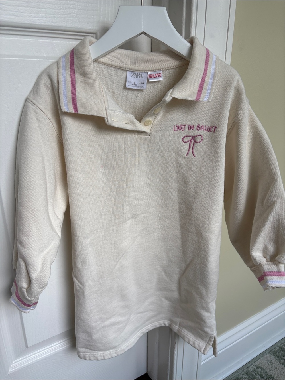 Zara Cream Polo Sweatshirt with Pink Trim